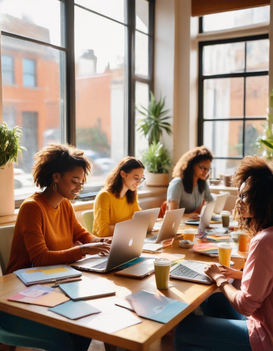 A vibrant, inviting scene depicting a diverse group of bloggers gathered around a large table, passionately discussing topics while typing on laptops. The background showcases various blog categories like travel, tech, and food pinned on a colorful bulletin board. Sunlight streams through large windows, creating a warm and welcoming atmosphere. Brightly colored notebooks and coffee cups are scattered around, symbolizing creativity and connection. super-realistic. vibrant colors. warm lighting.