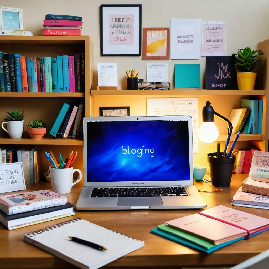 A creative workspace featuring a laptop open to a vibrant blog interface, surrounded by colorful stationery, a coffee cup, and inspirational quotes pinned on a corkboard. In the background, a cozy bookshelf filled with books on blogging and content creation. Soft, warm lighting creates an inviting atmosphere, symbolizing the transition from hobby to professional blogging identity. digital art. vibrant colors. warm light.