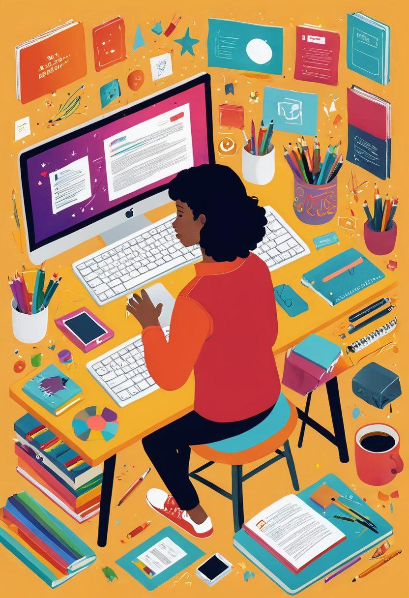 A vibrant illustration of a person joyfully designing their personal website, surrounded by colorful art supplies, digital gadgets, and inspiring quotes floating around. Show a computer screen with a creative website layout, and elements symbolizing community, like diverse people interacting online. The scene should radiate creativity and connection. bright colors. digital art. whimsical style.